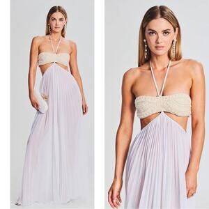 RETROFETE Ximena Pearl Embellished Cutout Pleated White Maxi Dress Size XL